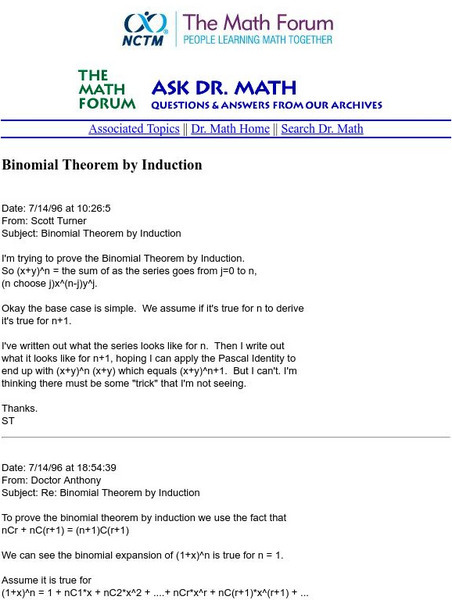 The Math Forum: Nctm: Ask Dr. Math: Binomial Theorem by Induction Handout The Math Forum: Nctm: Ask Dr. Math: Binomial Theorem by Induction Handout