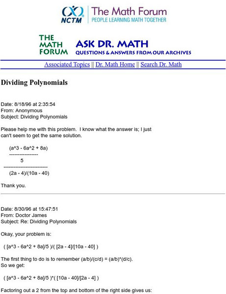 The Math Forum: Ask Dr. Math: Dividing Polynomials Activity The Math Forum: Ask Dr. Math: Dividing Polynomials Activity