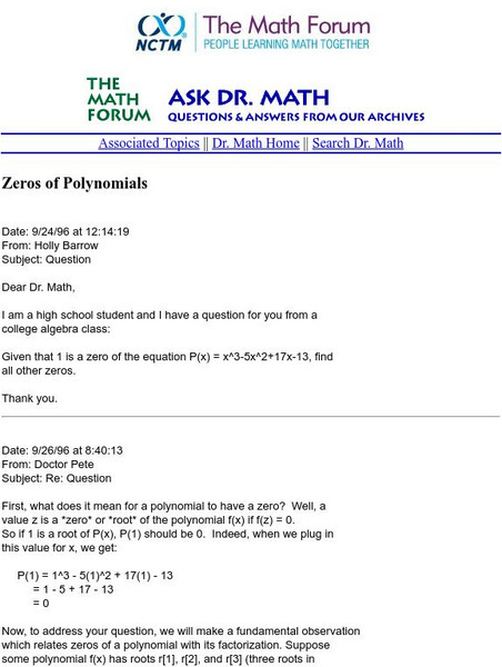 The Math Forum: Nctm: Ask Dr. Math: Zeros of Polynomials Handout The Math Forum: Nctm: Ask Dr. Math: Zeros of Polynomials Handout