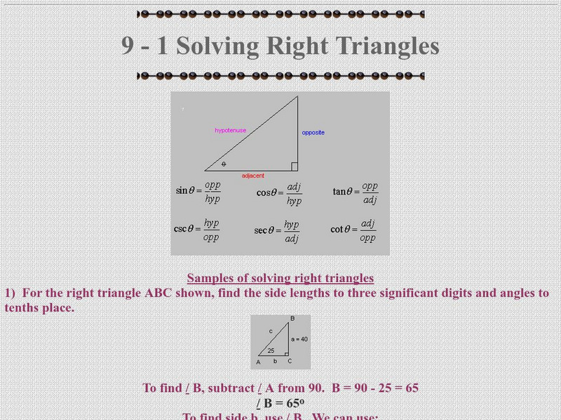 Ojk's Precalculus Study Pages: Solving Right Triangles Activity Ojk's Precalculus Study Pages: Solving Right Triangles Activity