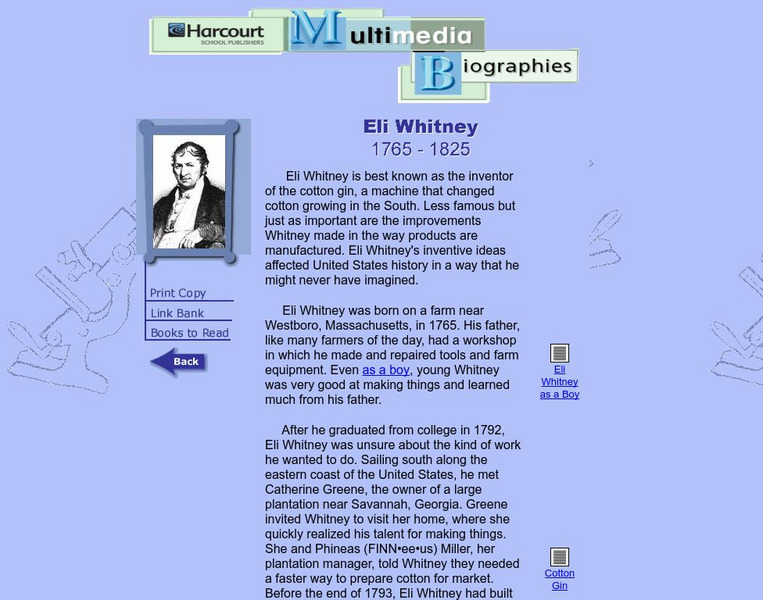 Harcourt: Biographies: Eli Whitney Website