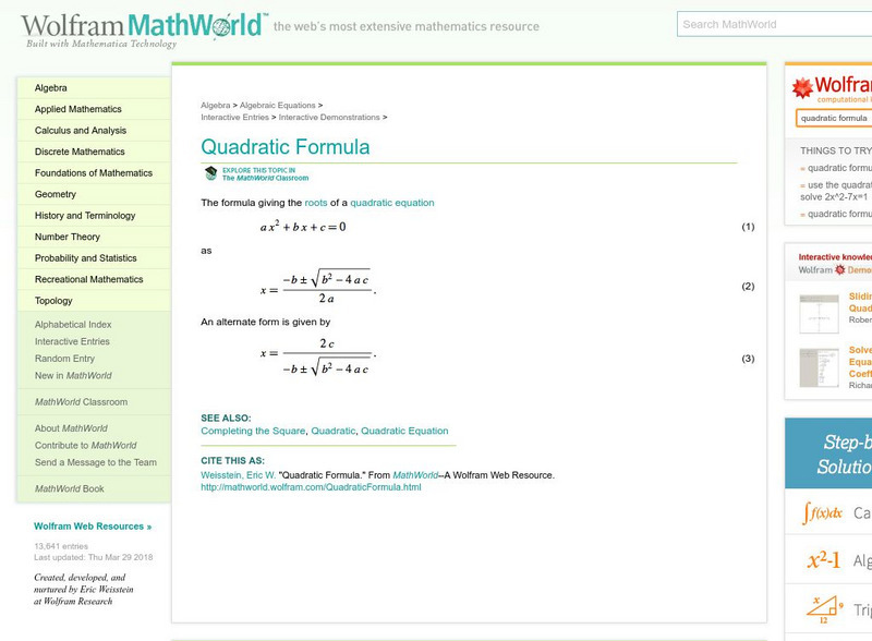 Wolfram Math World: Quadratic Formula Activity Wolfram Math World: Quadratic Formula Activity