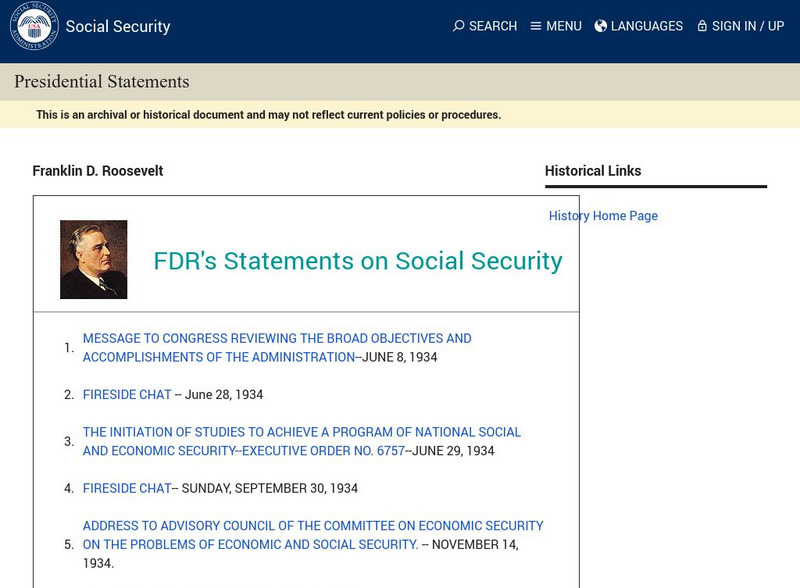 Social Security Onilne: Fdr's Statements on Social Security Handout Social Security Onilne: Fdr's Statements on Social Security Handout