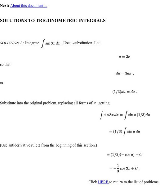 Uc Davis: Solutions to Trigonometric Integrals Unit Plan Uc Davis: Solutions to Trigonometric Integrals Unit Plan