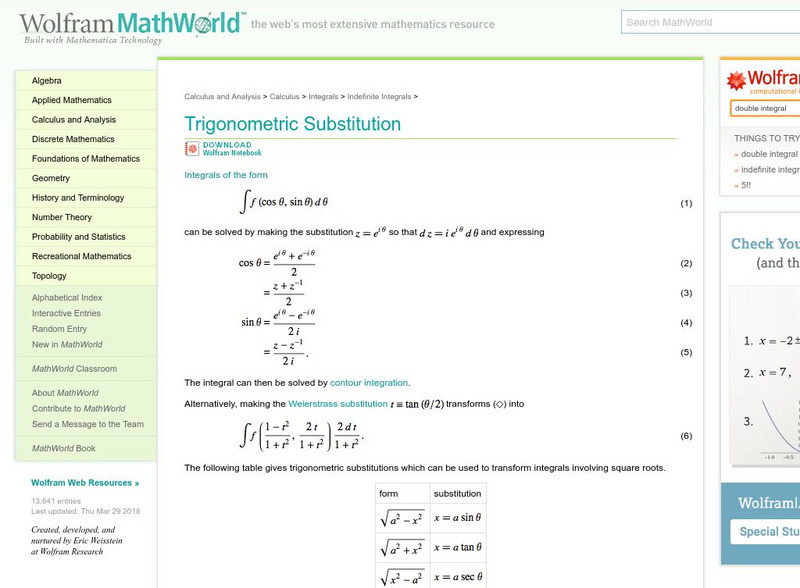 Wolfram Math World: Trigonometric Substitution Handout Wolfram Math World: Trigonometric Substitution Handout