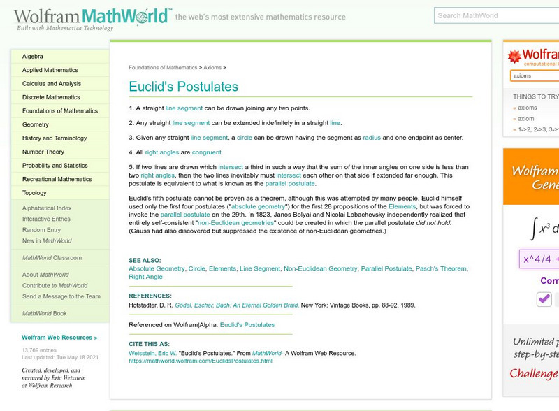 Wolfram Math World: Euclid's Postulates Handout Wolfram Math World: Euclid's Postulates Handout
