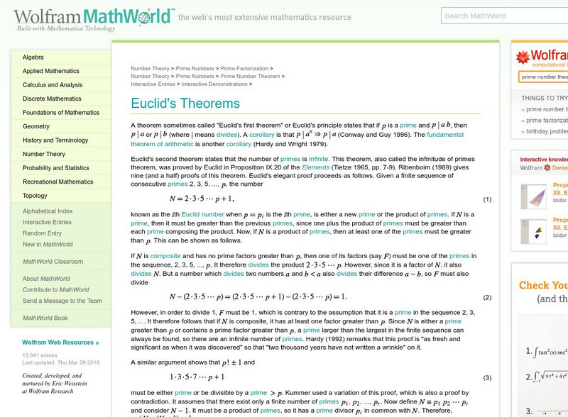 Wolfram Math World: Euclid's Theorems Handout Wolfram Math World: Euclid's Theorems Handout