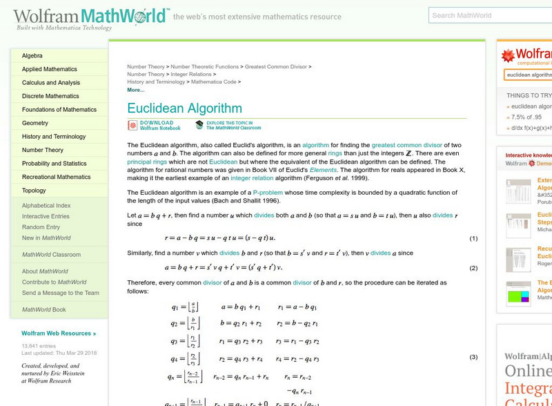 Wolfram Math World: Euclid's Algorithm Handout