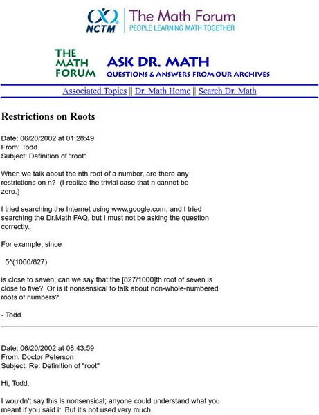 The Math Forum: Restrictions on Roots Handout The Math Forum: Restrictions on Roots Handout