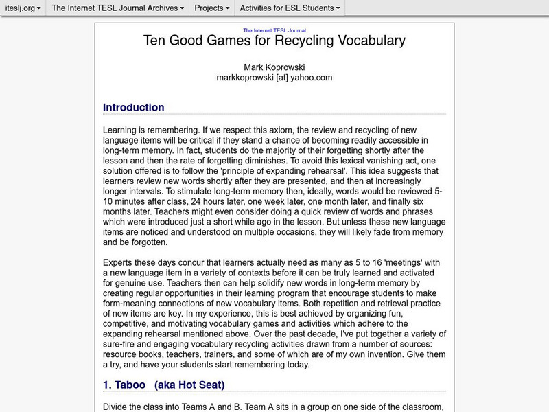 Internet Tesl Journal: Ten Games for Recycling Vocabulary Article Internet Tesl Journal: Ten Games for Recycling Vocabulary Article
