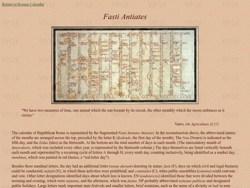 Encyclopedia Romana: Roman Calendar the Fasti Antiates Handout Encyclopedia Romana: Roman Calendar the Fasti Antiates Handout
