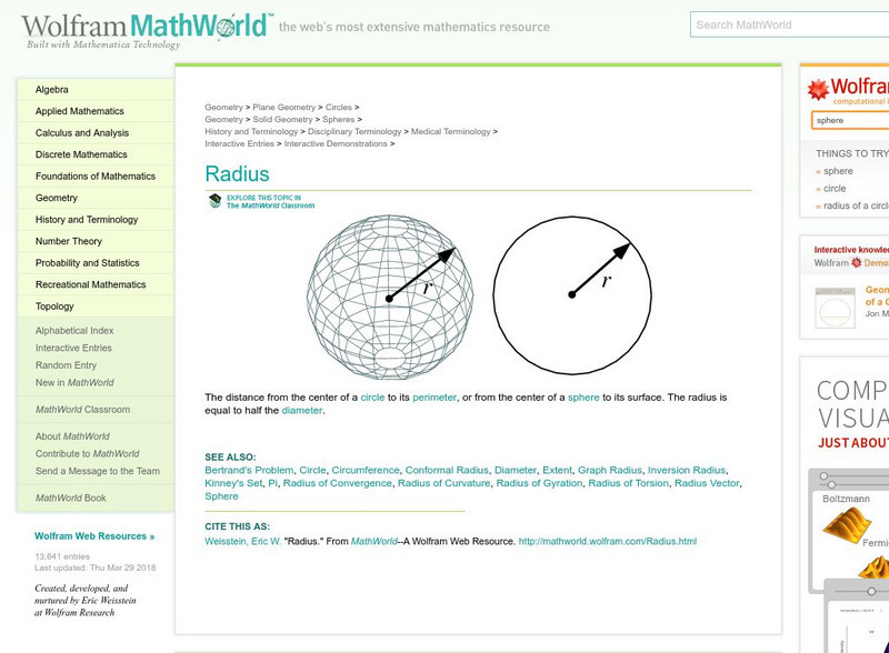 Wolfram Math World: Radius Handout Wolfram Math World: Radius Handout