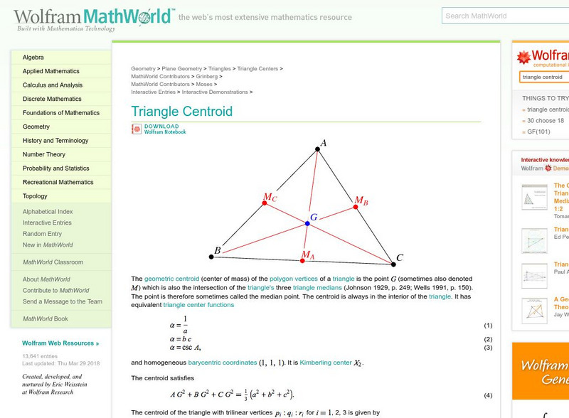 Wolfram Math World: Triangle Centroid Handout for 9th - 10th Grade ...