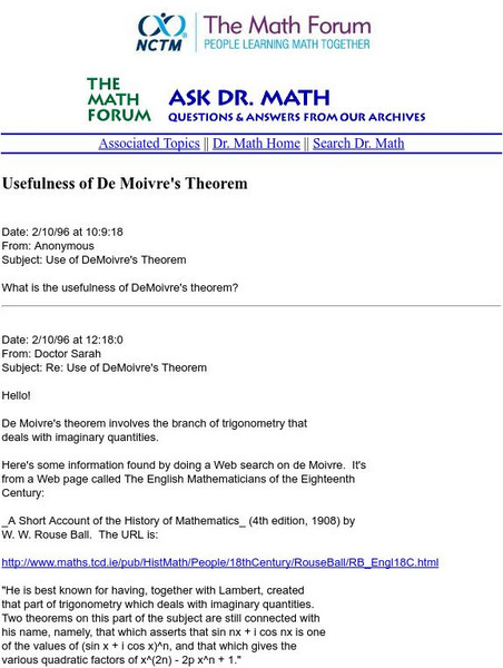 The Math Forum: Ask Dr. Math: De Moivre's Theorem Usefulness Handout The Math Forum: Ask Dr. Math: De Moivre's Theorem Usefulness Handout