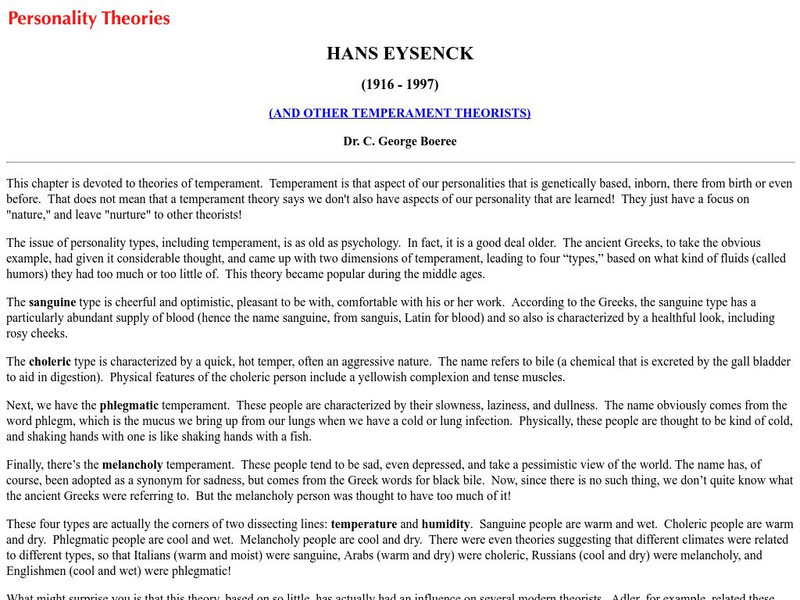 Shippensburg University: Personality Theories: Hans Eysenck (1916 1997) Article