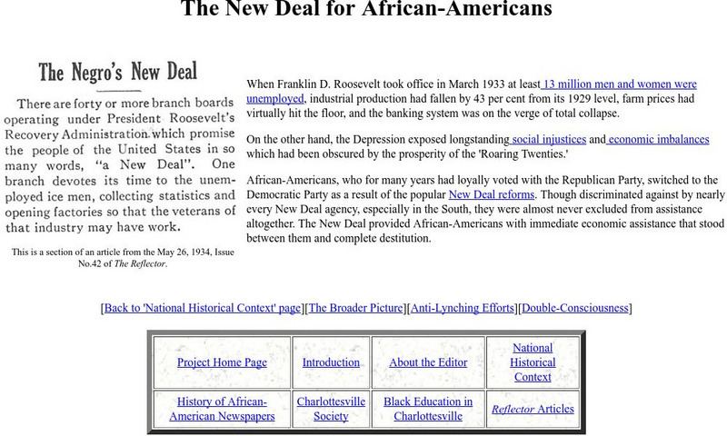 Univ. Of Virginia: The New Deal for African Americans Primary Univ. Of Virginia: The New Deal for African Americans Primary