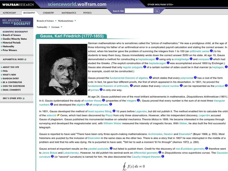 Wolfram Science World: Karl Friedrich Gauss (1777 1855) Handout Wolfram Science World: Karl Friedrich Gauss (1777 1855) Handout