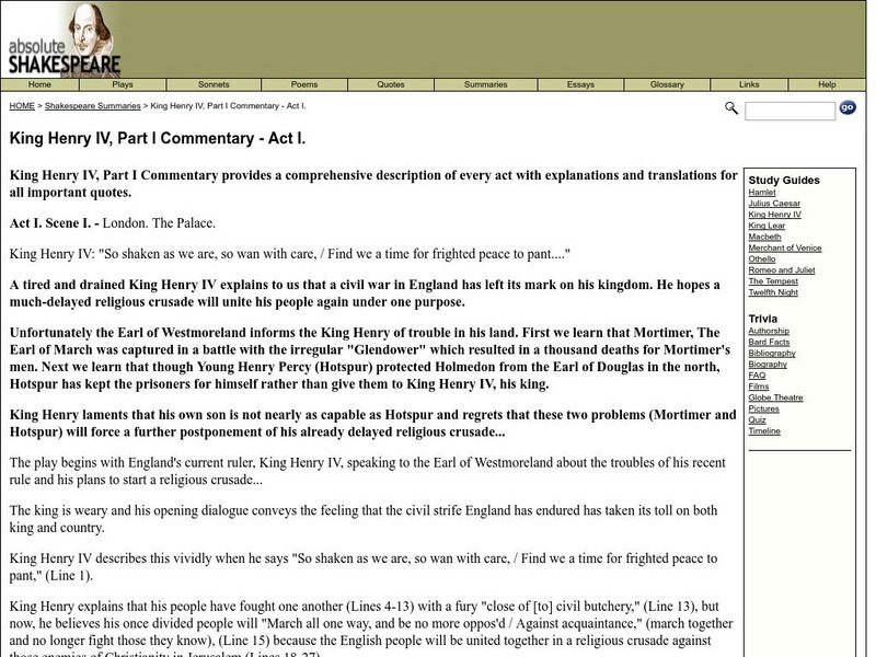 Absolute Shakespeare: King Henry Iv, Part I Website