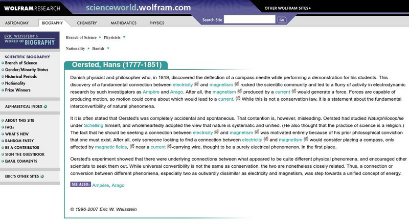Wolfram Science World: Hans Oersted (1777 1851) Handout Wolfram Science World: Hans Oersted (1777 1851) Handout
