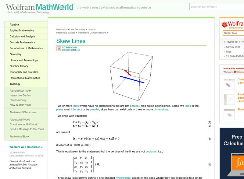 Wolfram Math World: Skew Lines Handout Wolfram Math World: Skew Lines Handout