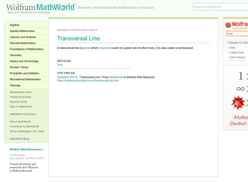 Wolfram Math World: Transversal Line Handout Wolfram Math World: Transversal Line Handout