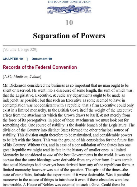 The Founders' Constitution: Separation of Powers Primary The Founders' Constitution: Separation of Powers Primary