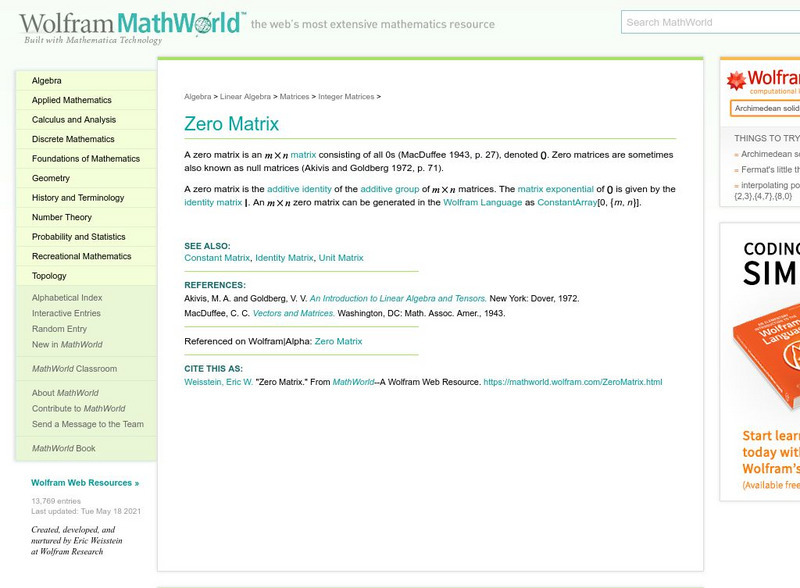 Wolfram Math World: Zero Matrix Handout