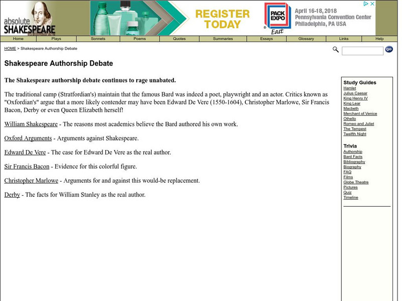 Absolute Shakespeare: Authorship Debate Website Absolute Shakespeare: Authorship Debate Website