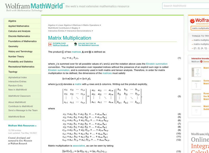 Wolfram Math World: Math World: Matrix Multiplication Handout Wolfram Math World: Math World: Matrix Multiplication Handout
