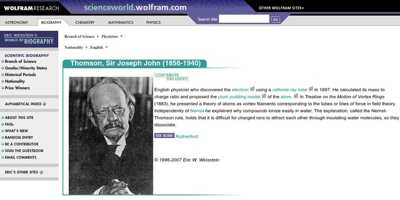 Wolfram Science World: Sir Joseph John Thomson (1856 1940) Handout
