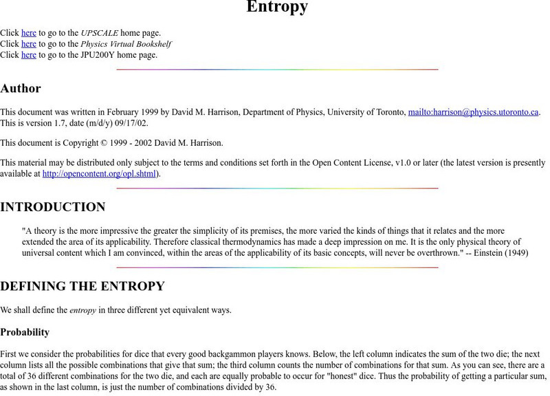 University of Toronto: Entropy Handout University of Toronto: Entropy Handout
