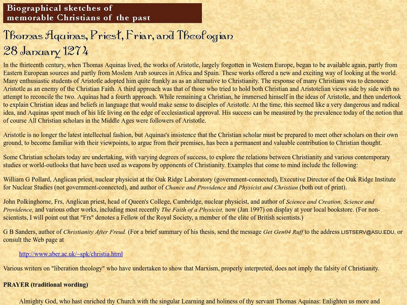 Thomas Aquinas, Priest, Friar, and Theologian: 28 January 1274 Handout