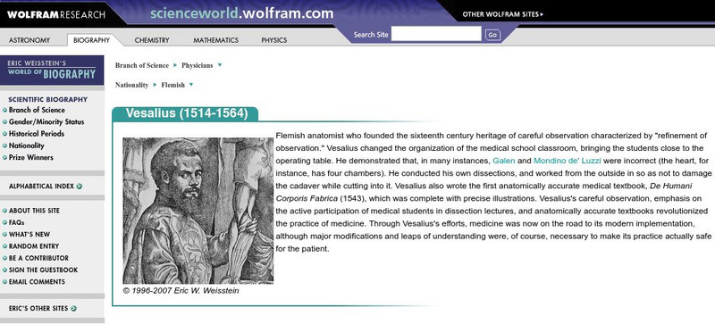 Wolfram Science World: Vesalius (1514 1564) Website
