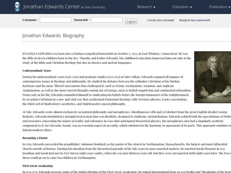 Jonathan Edwards Center at Yale University: Jonathan Edwards: Biography Handout Jonathan Edwards Center at Yale University: Jonathan Edwards: Biography Handout