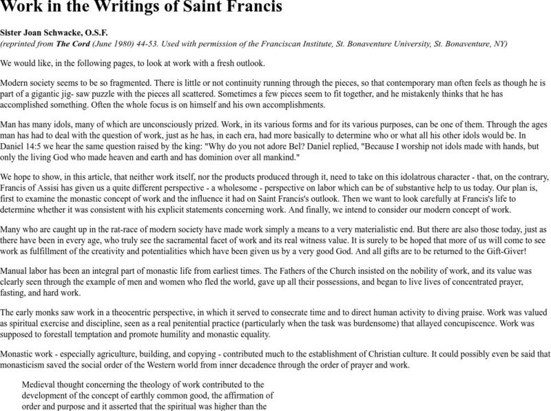 Suny: University at Buffalo: Work in the Writings of St. Francis Article Suny: University at Buffalo: Work in the Writings of St. Francis Article