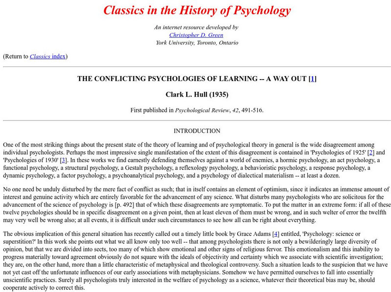 Classics in the History of Psychology: Conflicting Psychologies of Learning Primary Classics in the History of Psychology: Conflicting Psychologies of Learning Primary