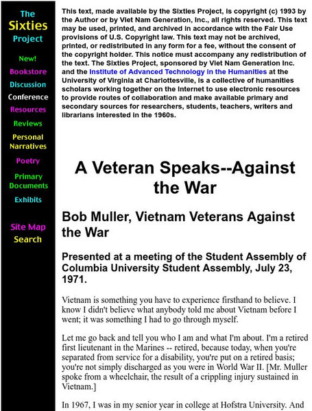 University of Virginia: Sixties Project: A Veteran Speaks Against the War Primary University of Virginia: Sixties Project: A Veteran Speaks Against the War Primary