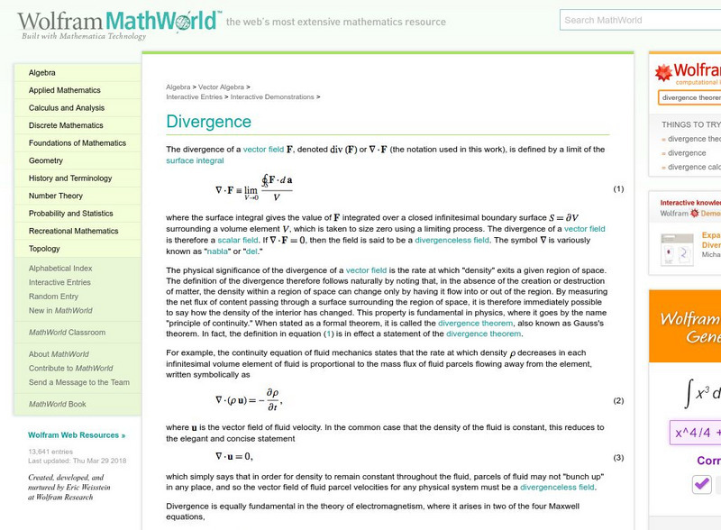 Wolfram Math World: Divergence Handout