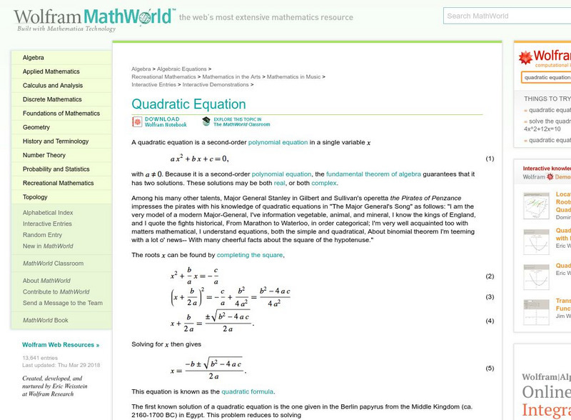 Wolfram Math World: Quadratic Equation Activity Wolfram Math World: Quadratic Equation Activity