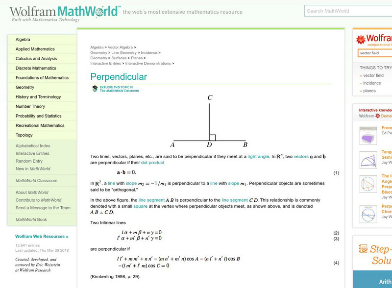 Wolfram Math World: Perpendicular Lines Unit Plan Wolfram Math World: Perpendicular Lines Unit Plan