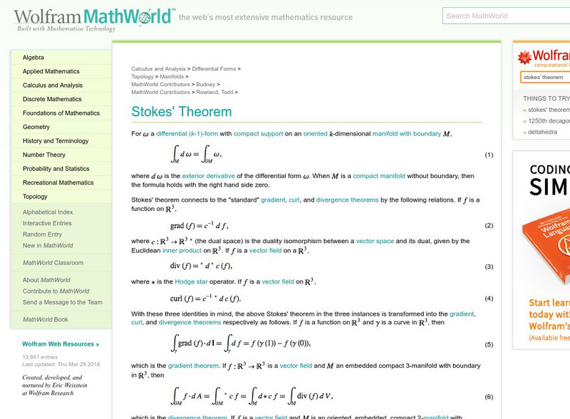 Wolfram Math World: Stokes Theorem Handout Wolfram Math World: Stokes Theorem Handout