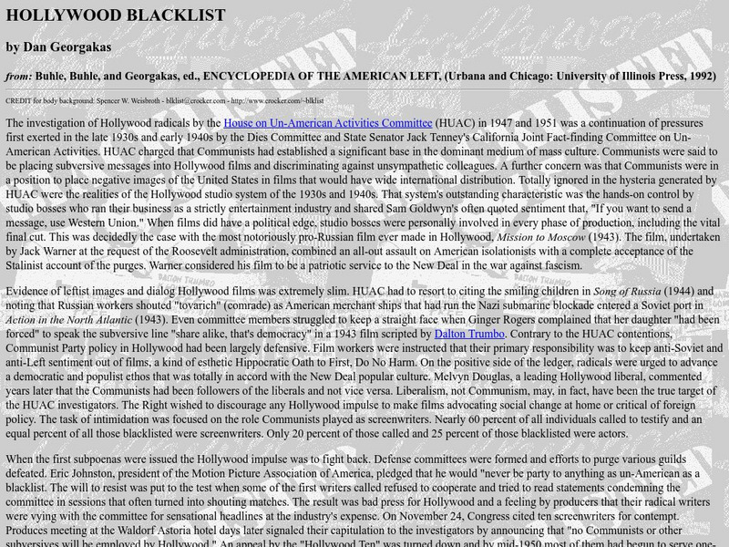 University of Pennsylvania: The Hollywood Blacklist Handout University of Pennsylvania: The Hollywood Blacklist Handout