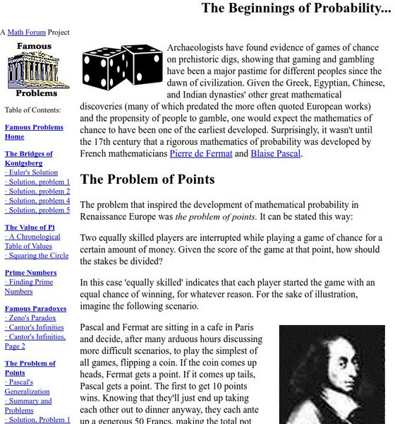 The Math Forum: Pascal and Fermat Beginnings of Probability Article The Math Forum: Pascal and Fermat Beginnings of Probability Article