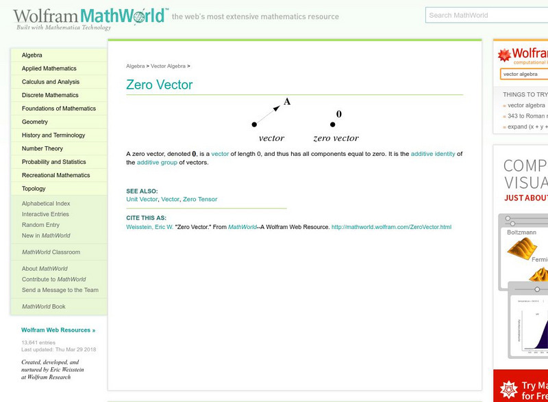 Wolfram Math World: Zero Vector Handout Wolfram Math World: Zero Vector Handout