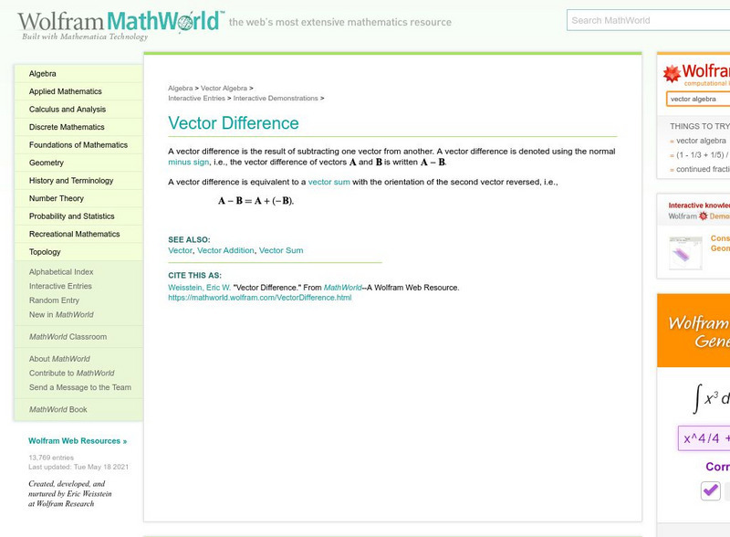 Wolfram Math World: Vector Difference Handout Wolfram Math World: Vector Difference Handout