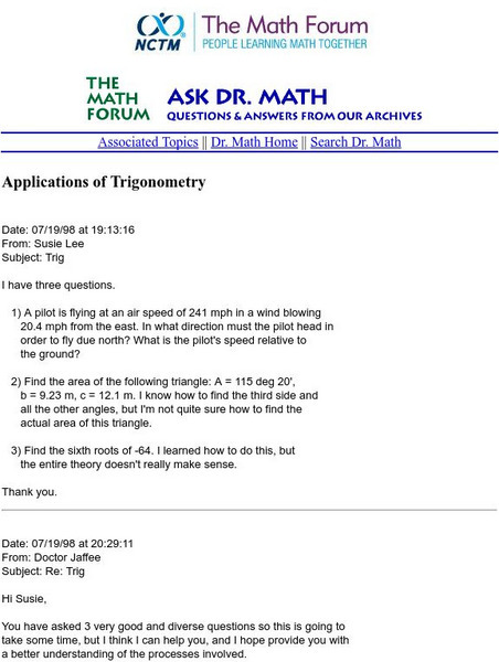 The Math Forum: Ask Dr. Math: Applications of Trigonometry Handout The Math Forum: Ask Dr. Math: Applications of Trigonometry Handout