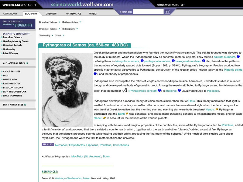 Wolfram Science World: Pythagoras of Samos (Ca. 560 Ca. 480 Bc) Handout Wolfram Science World: Pythagoras of Samos (Ca. 560 Ca. 480 Bc) Handout