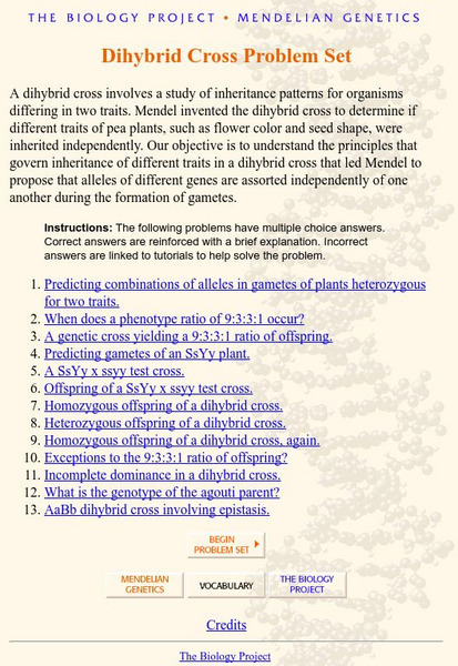 University of Arizona: Dihybrid Problem Set Website University of Arizona: Dihybrid Problem Set Website