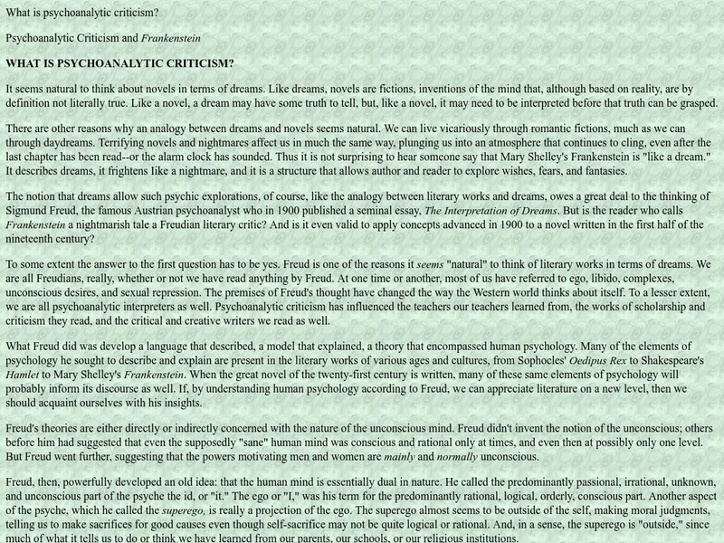 Psychoanalytic Criticism and Frankenstein Website Psychoanalytic Criticism and Frankenstein Website