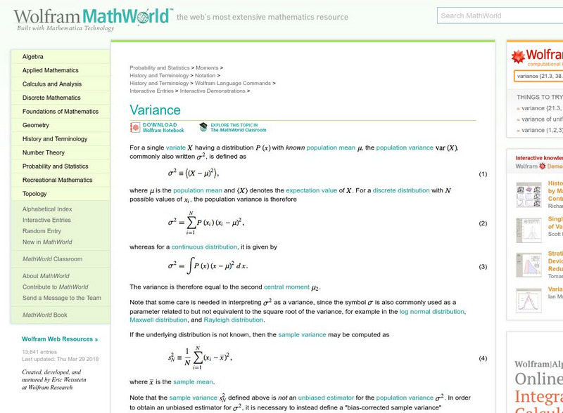 Wolfram Math World: Variance Handout Wolfram Math World: Variance Handout